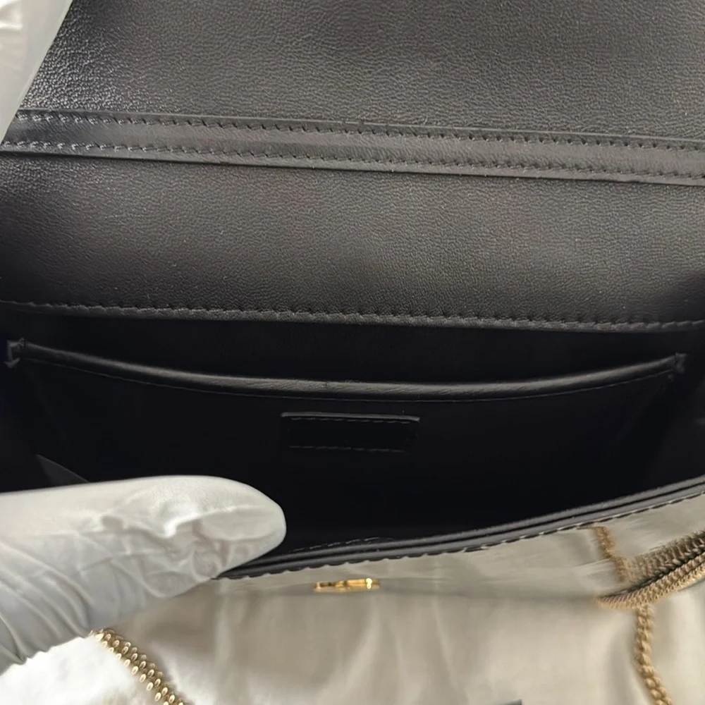 Black Patent Leather Wallet with Gold Medusa Logo and gold chain